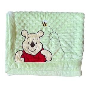 Disney Embroidered‎ Winnie The Pooh Baby Blanket Green Fleece Soft Crib Dot